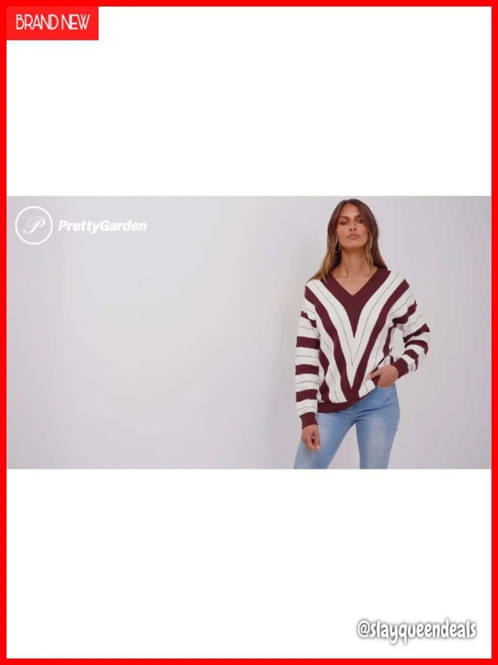 Soft Knitted V-Neck Pullover Sweater for Women Long Sleeve Striped Tops Fall